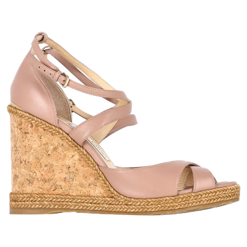 Jimmy Choo Alanah Cork Espadrille Ankle Strap Wedge in Pink Leather