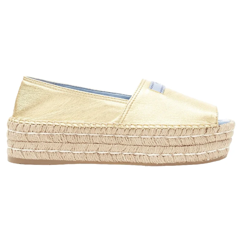 Prada Metallic Leather Logo Peep Jute Platform Espadrille Shoe