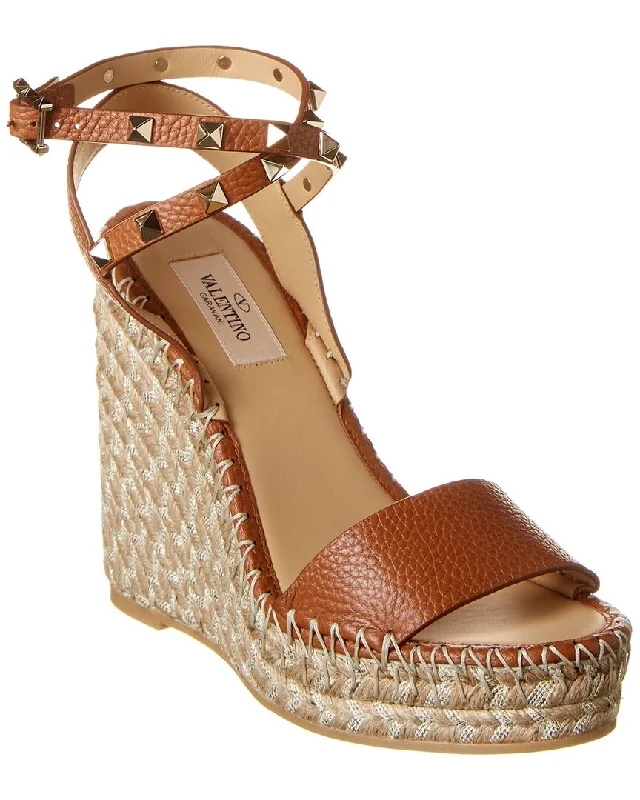 Valentino Rockstud 125 Grainy Leather Wedge Espadrille